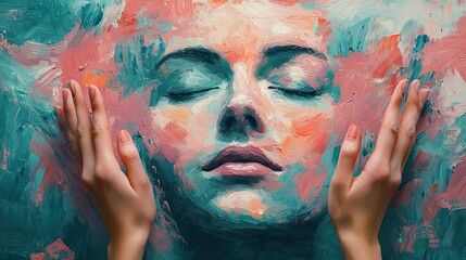 AI-generated painting evolving on a digital canvas, showing progressive stages from abstract shapes to realistic portrait, hands of the artist adjusting elements with gestures,