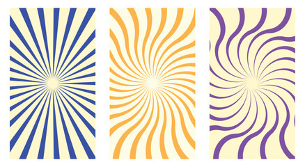 Psychedelic Background Set. Retro 70s Swirls. Groovy vector posters with radial sunburst, spiral, and hypnotic wave patterns for flyers or album art.