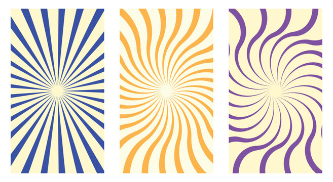 Psychedelic Background Set. Retro 70s Swirls. Groovy vector posters with radial sunburst, spiral, and hypnotic wave patterns for flyers or album art. - Powered by Adobe
