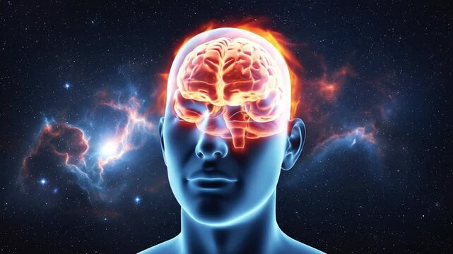 A human head with a brain engulfed in intense flames against a cosmic background, symbolizing mental overload or intense thought