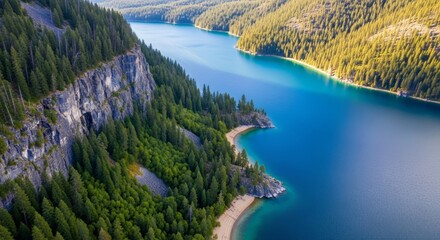 Aerial view of pristine mountain lake surrounded by dense coniferous forest and rocky cliffs. Crystal clear turquoise water reflecting dramatic wilderness landscape.
