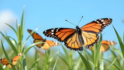 Fototapeta premium Closeup shot of monarch butterflies in a field