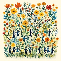 People dancing amidst vibrant flowers in a garden