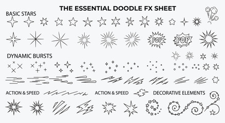 Essential Doodle FX Sheet. Hand drawn vector set with stars, sparkles, and speed lines for comic books, manga, or cute cartoon animations.