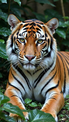 a close-up shot captures a tiger lying down amidst