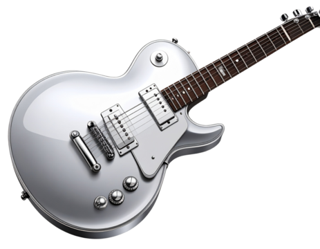 Classic Rock Chrome Guitar in Diagonal View, Isolated PNG.