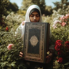 Person holding holy book in garden
