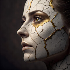 A woman's face with cracks and gold highlights resembling the kintsugi technique