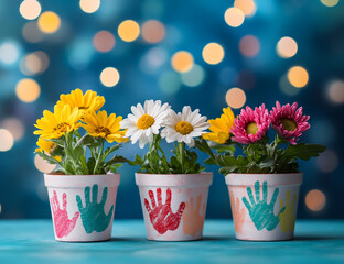Fototapeta premium Three flower pots with colorful handprints, flowers in the pots, a blue background with lights and a bokeh effect, colorful daisies, and yellow chrysanthemums on top of each plant (1)