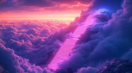  Neon stairs to heaven ascending through an endless sky of glowing mist, each step illuminated with radiant hues
