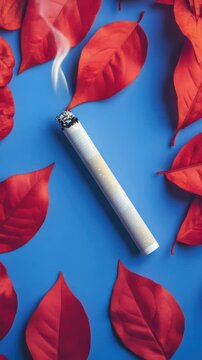 A cigarette with smoke emitting surrounded by vibrant red leaves, ideal for illustrating themes of rebellion or hedonism