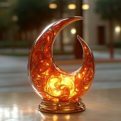 Ornate crescent moon lamp, warm amber glow