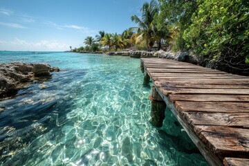 Fototapeta premium Clear ocean with a wooden dock surrounded by lush greenery during summer vacation Generative AI