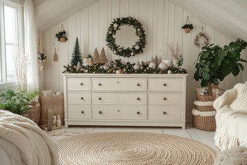 White wooden dresser with seven drawers in bright room, decorated with Christmas ornaments, minimalist holiday interior design