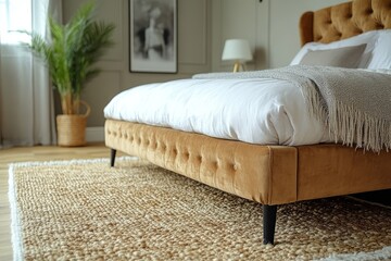 Beige velvet bed frame with black legs, minimalist Scandinavian bedroom with light rug and modern decor, cozy restful sleeping space