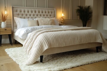 Beige velvet bed frame with black legs, minimalist Scandinavian bedroom with light rug and modern decor, cozy restful sleeping space