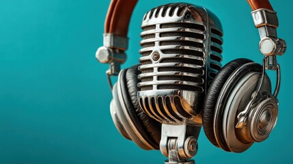 A shiny, modern microphone with black headphones rests against a bright background, ready for audio recording or streaming activities