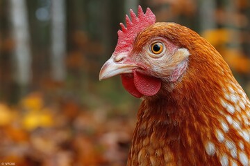 A striking hen stands prominently against a blurred natural background filled with autumn leaves, showcasing vibrant feathers and a curious gaze