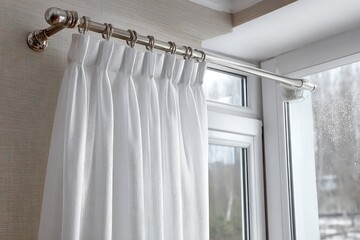 White rod pocket curtain softly filters sunlight while adding a touch of elegance to the room, creating a serene yet dynamic atmosphere