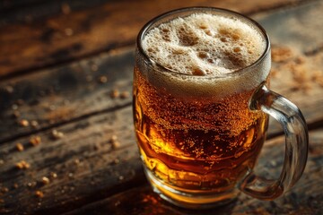 Frothy beer fills a clear glass, perched on a textured wood table, surrounded by a warm, inviting atmosphere, perfect for relaxation