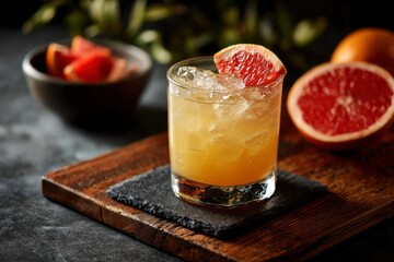 Grapefruit Cocktail on Wood Board with Ice