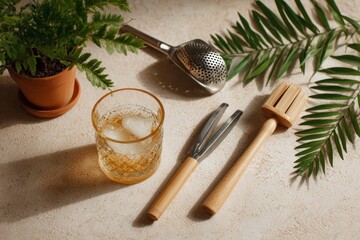 Cocktail Accessories and Drink Still Life with Ice