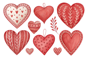Collection of red hand-drawn hearts with decorative patterns and loops isolated on a transparent background