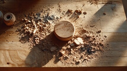Plain wooden worktable covered with wood shavings, featuring a circular piece positioned in the center under soft lighting