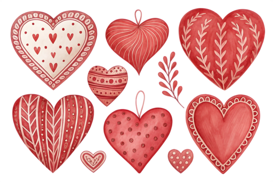 Collection of red hand-drawn hearts with decorative patterns and loops isolated on a transparent background - Powered by Adobe