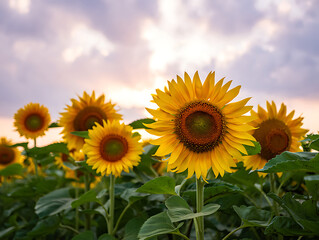 Obraz premium Vibrant Sunflowers at Sunset: Serene Summer Field, Golden Hour Light, Lush Greenery