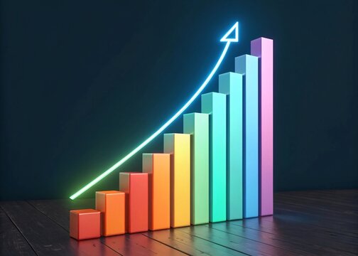 3D Stacked bar chart with glowing arrow pointing upward, business graph on black background