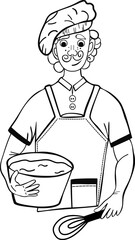 Vector illustration of a chef. Black and white baker isolated on white background. 
