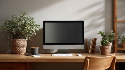 Computer with Plants on Wooden Desk