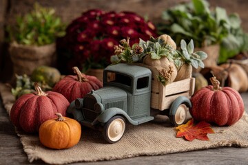 Toy Truck with Pumpkins and Fall Foliage