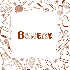 Hand drawn set of baking and cooking tools: spoon, mixer, scale, hat, spatula. Doodle sketch style. Vector illustration.