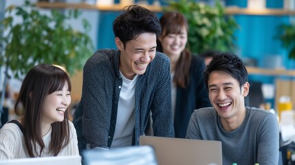 Happy Young Team Collaborating in Modern Office. Generative AI