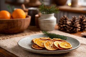 Dried Orange Slice on Plate with Pinecone