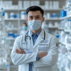 Pharmacist in a clean pharmacy, arms crossed, wearing a mask