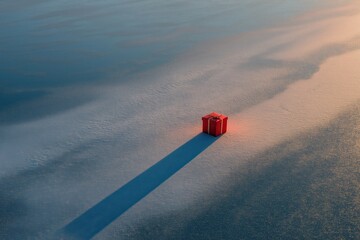 Red christmas gift lies on snowy ground at sunset