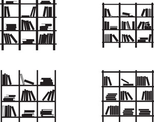 Four black silhouettes of bookshelves filled with books on a white background