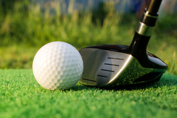 Close-Up View of Golf Club and Ball on Lush Green Grass