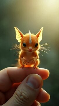 A tiny, enchanting creature with large eyes gently perches on a human finger in warm light.