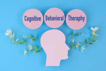 A head with the words cognitive behavioral therapy written around it