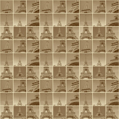 seamless pattern: square tiles with photos of Eiffel Tower in Paris colored in sepia against white background