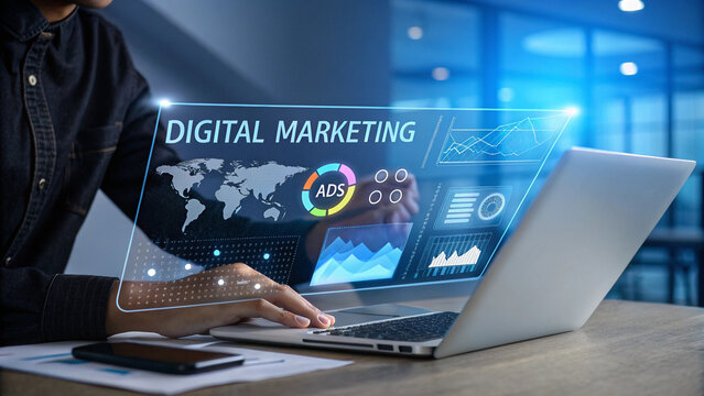 A Person Engaged in Global Digital Marketing Strategy with a Holographic Interface. Analyzing data for an ads campaign with a world map