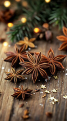 Festive Anise Stars on Rustic Wood with Garland and Star Confetti