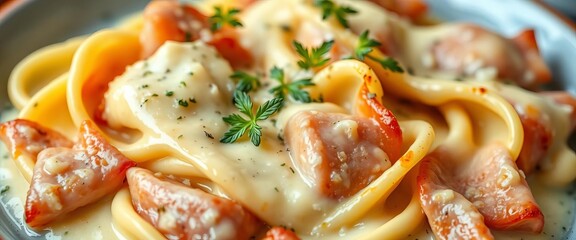 Close-up of baked ham and cheese rondelli, creamy white parmesan sauce, tube pasta, gourmet