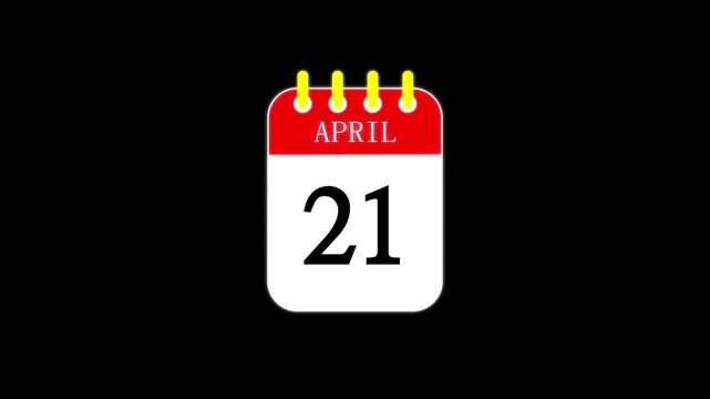 21 April Calendar animation with alpha channel on black background.4k video