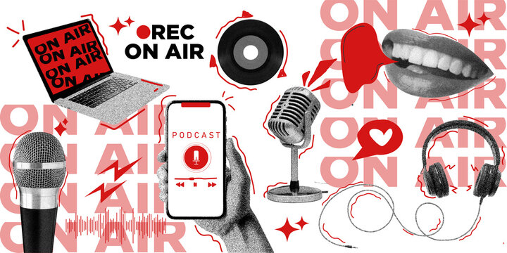 Halftone trendy collage elements, podcast theme. Pop art stickers with bright red doodles, design for blog, cover, club. Cuttings from magazines, punk grunge style