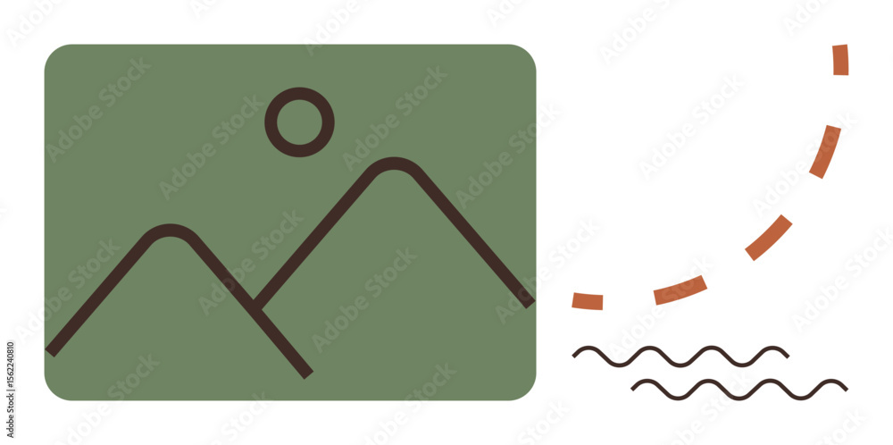 Poster abstract green rectangle with simple mountain peaks and sun, accompanied by dashed curve and wavy li